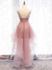 High Low Pink Lace Evening Prom Dresses, Pink High Low Formal Graduation Homecoming Dresses