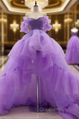 High Low Puffy Sleeves Tulle Purple Evening Prom Dresses
