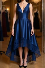 High Low V Neck Blue Satin Evening Prom Dresses, Open Back Blue Formal Dresses, Blue Evening Dresses