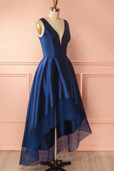 High Low V Neck Blue Satin Evening Prom Dresses, Open Back Blue Formal Dresses, Blue Evening Dresses