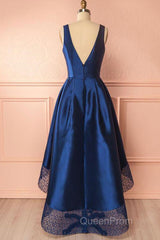 High Low V Neck Blue Satin Evening Prom Dresses, Open Back Blue Formal Dresses, Blue Evening Dresses