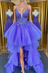 High Low V Neck Purple Lace Long Evening Prom Dresses, Lilac Lace Formal Dresses, Purple Evening Dresses