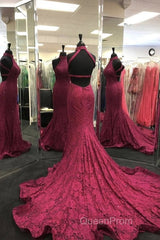 High Neck Backless Burgundy Lace long Evening Prom Dresses, Long Burgundy Lace Formal Evening Dresses, Burgundy Ball Gown