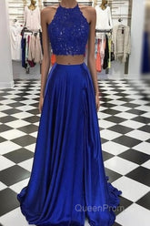 High Neck Blue Two Pieces Long Evening Prom Dresses