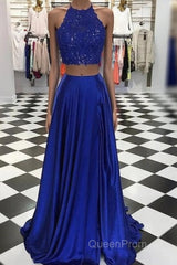 High Neck Blue Two Pieces Long Evening Prom Dresses