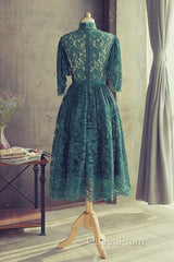 High Neck Half Sleeves Green Lace Evening Prom Dresses, Green Lace Formal Graduation Homecoming Dresses