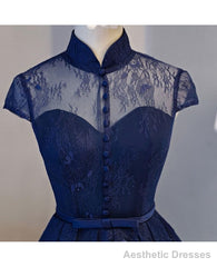 High Neck Homecoming Dress, Lace Dark Navy Lace-up Short Prom Dress