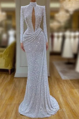 High Neck Keyhole Long Sleeve Sequin White Evening Prom Dresses