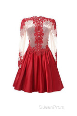 High Neck Long Sleeves With Applique Red Homecoming Dresses