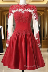 High Neck Long Sleeves With Applique Red Homecoming Dresses