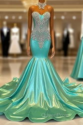High Neck Mermaid Mint Green Satin Evening Prom Dresses
