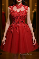 High Neck Red Lace Short Evening Prom Dresses, Red Lace Homecoming Dresses, Red Formal Graduation Evening Dresses