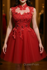 High Neck Red Lace Short Evening Prom Dresses, Red Lace Homecoming Dresses, Red Formal Graduation Evening Dresses
