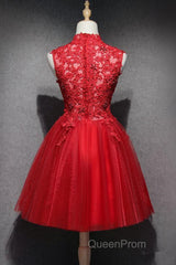 High Neck Red Lace Short Evening Prom Dresses, Red Lace Homecoming Dresses, Red Formal Graduation Evening Dresses
