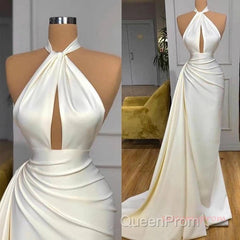 High Neck Satin Ivory Keyhole Ruched Evening Prom Dresses