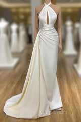 High Neck Satin Ivory Keyhole Ruched Evening Prom Dresses