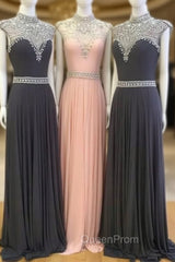 High Neck Sequin Bead Chiffon Long Evening Prom Dresses, Evening Dresses