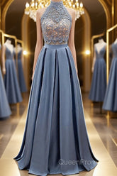 High Neck Two Pieces Blue Lace Long Evening Prom Dresses, 2 Pieces Blue Lace Formal Dresses, Blue Evening Dresses