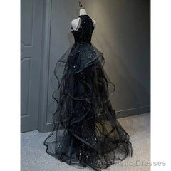High Neckline Black Halter Shiny Tulle And Sequins Party Dress Black Tulle Prom Dress prom dresses shops