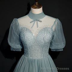 High Quality Beaded Short Sleeves Formal Dress, Tulle A-line Party Dress Prom Dress