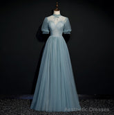 High Quality Beaded Short Sleeves Formal Dress, Tulle A-line Party Dress Prom Dress