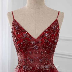 High Quality Burgundy Straps Beaded Long Party Dresses, Long Junior Evening Prom Dresses