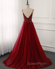 High Quality Burgundy Straps Beaded Long Party Dresses, Long Junior Evening Prom Dresses