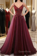 High Quality Burgundy Straps Beaded Long Party Dresses, Long Junior Evening Prom Dresses