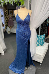 High Slit Blue Sequins Straps Mermaid Evening Gown,Ball Gowns Evening Prom Dresses