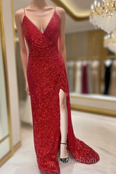 High Slit Blue Sequins Straps Mermaid Evening Gown,Ball Gowns Evening Prom Dresses