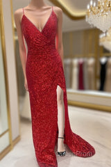 High Slit Blue Sequins Straps Mermaid Evening Gown,Ball Gowns Evening Prom Dresses