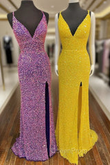 Hight Slit Yellow Sequins Halter Evening Prom Dresses