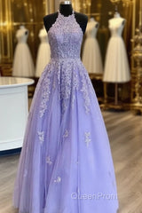 Hot Halter Purple Evening Prom Dresses Lace Long Graduation Evening Dresses