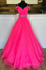 Hot Pink Beaded Cold-Shoulder A-Line Evening Prom Dresses