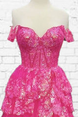 Hot Pink Lace Off Shoulder Tiered Evening Prom Dresses With Slit