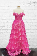 Hot Pink Lace Off Shoulder Tiered Evening Prom Dresses With Slit
