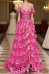 Hot Pink Lace Off Shoulder Tiered Evening Prom Dresses With Slit
