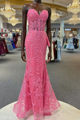 Hot Pink Mermaid Lace Evening Prom Dresses, Hot Pink Mermaid Lace Formal Evening Dresses