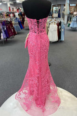 Hot Pink Mermaid Lace Evening Prom Dresses, Hot Pink Mermaid Lace Formal Evening Dresses