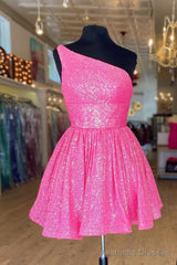 Hot Pink One Shoulder A Line Short Homecoming Dress Sequins
