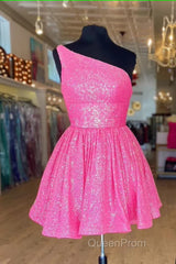 Hot Pink Evening Prom Dresses One Shoulder A Line Short Homecoming Dresses Sequins