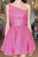 Hot Pink Evening Prom Dresses One Shoulder A Line Short Homecoming Dresses Sequins