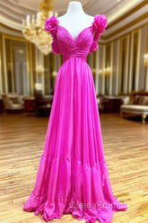 Hot Pink Ruffles Lace-Up Back A-Line Evening Prom Dresses, Evening Dresses