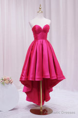 Hot Pink Satin High Low Prom Dress, Cute Sweetheart Neck Evening Party Dress