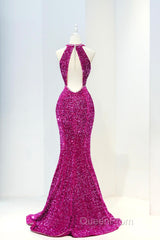 Hot Pink Sequins Long Evening Prom Dresses, Mermaid Backless Evening Dresses