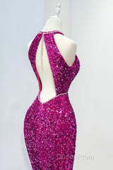 Hot Pink Sequins Long Evening Prom Dresses, Mermaid Backless Evening Dresses