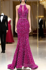 Hot Pink Sequins Long Evening Prom Dresses, Mermaid Backless Evening Dresses
