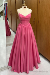 Hot Pink Strapless Lace-Up A-Line Long Formal Dress