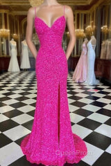 Hot Pink Straps Evening Prom Dresses With Slit