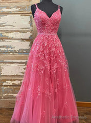 Hot Pink Tulle Beading Spaghetti Straps Prom Dress